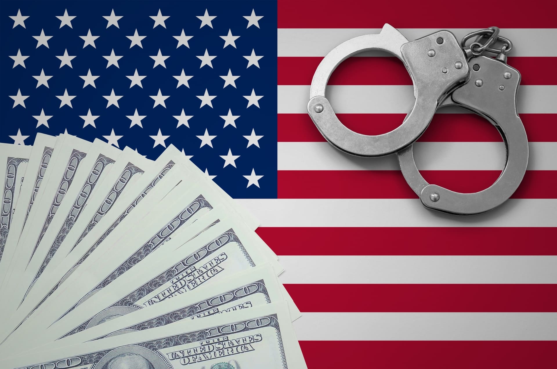 An illustrtation of federal crime with money and handcuffs on the US flag
